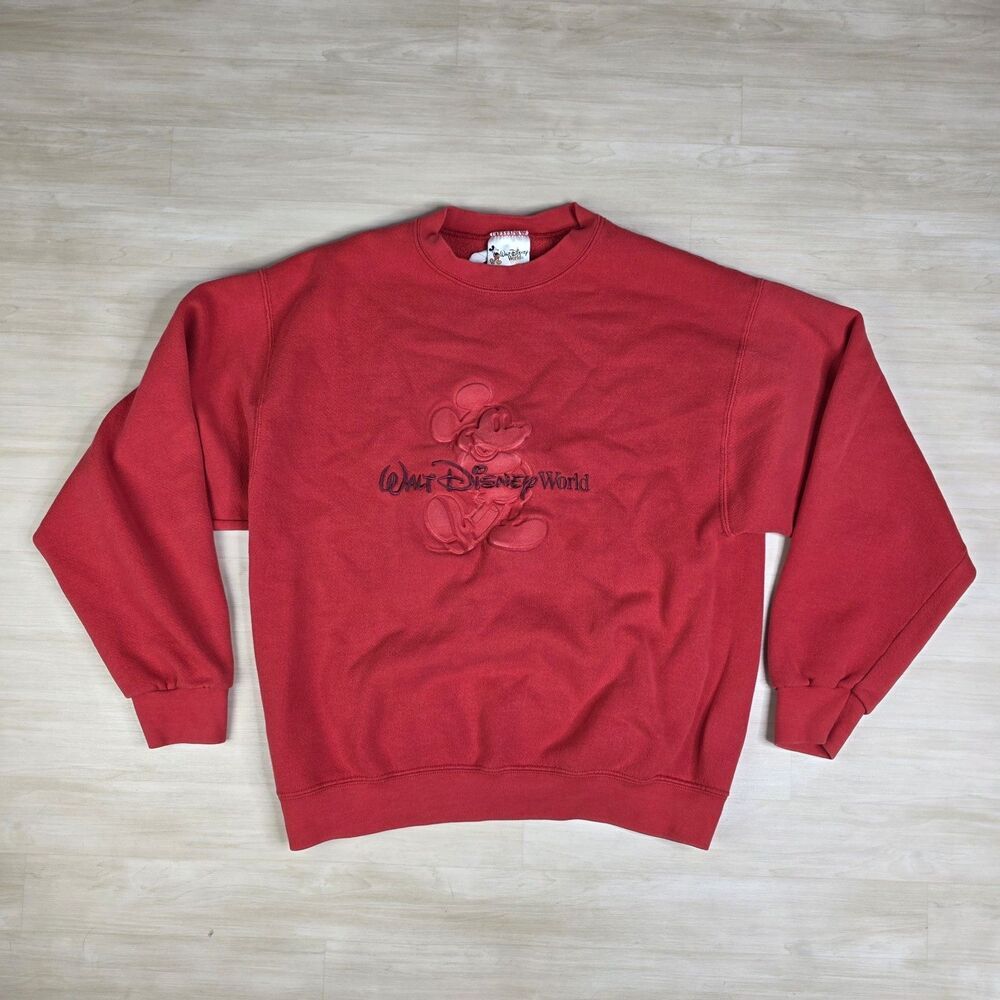 Y2K Walt Disney World Mickey Mouse Sweatshirt Size Medium Red‎ Embossed Print